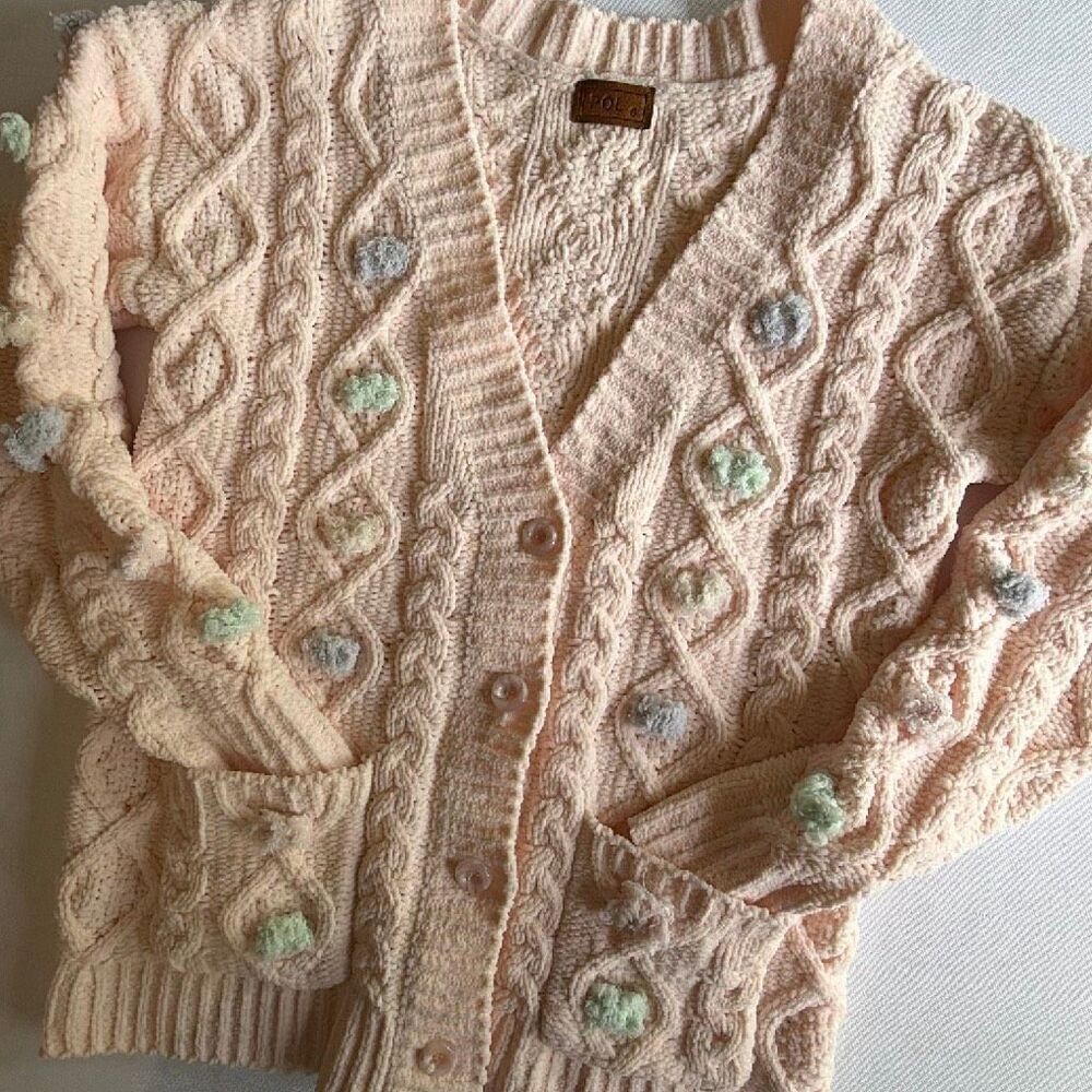 POL Cable Knit Pastel Pom Pom Cardigan Sweater Small
